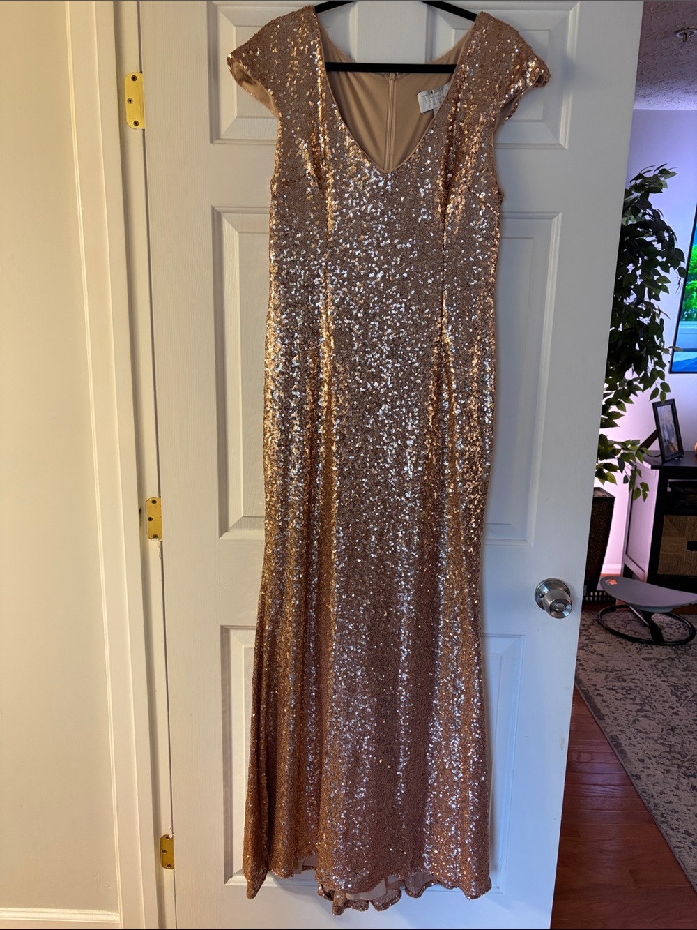 Theia Rose Gold Sequin Maxi Gown with V-Neck